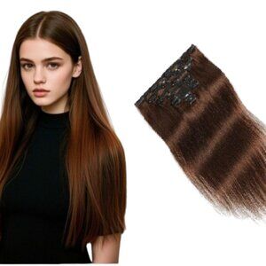 8 Piece Straight Clip-In Human Hair Extensions – Medium Brown (#4)